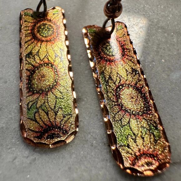 Handcrafted Copper Diamond Cut Sunflower Wire Drop Earrings, Western Boho, Gift - Picture 5 of 9